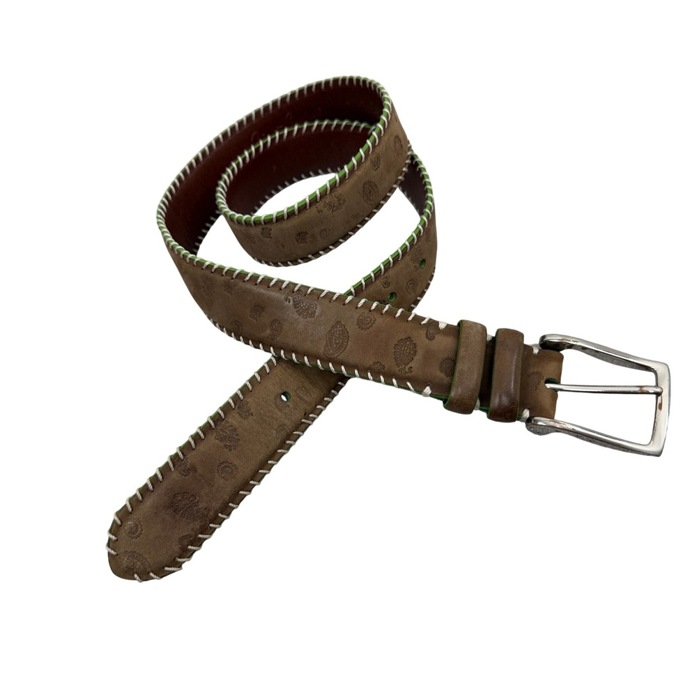 Robert Graham Belt Mens 34 Brown Paisley Leather Whipstitch Silver Buckle